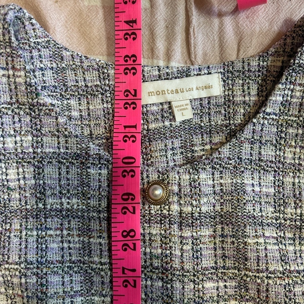 Monteau Los Angeles Tweed Mini Dress Size L Pearl Button Bouclé Dress - Picture 4 of 6